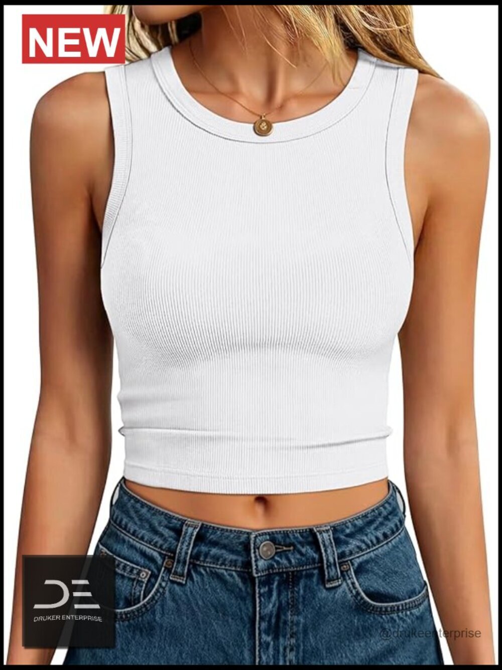 Crew Neck Sleeveless Crop Tank Top Ribbed Knit Slim Fit Summer Basic Workout Top